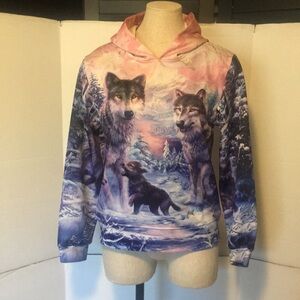 HYKU WOLF HOODIE  GIRLS SIZE LARGE FULL COVER GRAPHICS